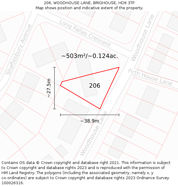 206, WOODHOUSE LANE, BRIGHOUSE, HD6 3TP: Plot and title map