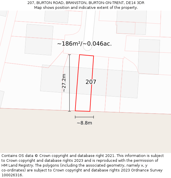 207, BURTON ROAD, BRANSTON, BURTON-ON-TRENT, DE14 3DR: Plot and title map