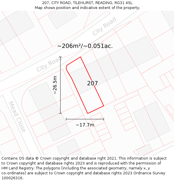 207, CITY ROAD, TILEHURST, READING, RG31 4SL: Plot and title map