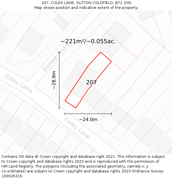 207, COLES LANE, SUTTON COLDFIELD, B72 1NS: Plot and title map