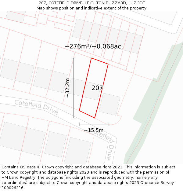 207, COTEFIELD DRIVE, LEIGHTON BUZZARD, LU7 3DT: Plot and title map