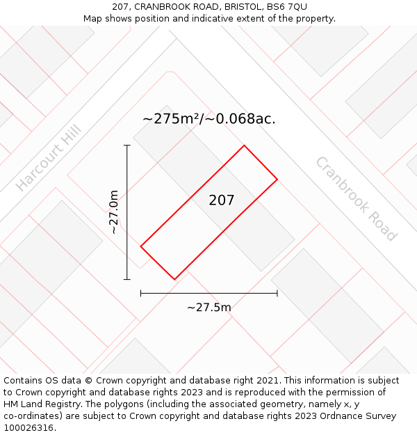 207, CRANBROOK ROAD, BRISTOL, BS6 7QU: Plot and title map