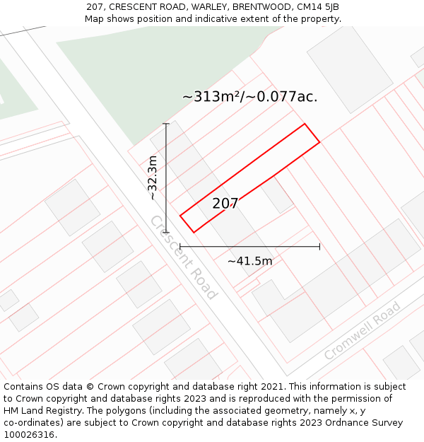 207, CRESCENT ROAD, WARLEY, BRENTWOOD, CM14 5JB: Plot and title map