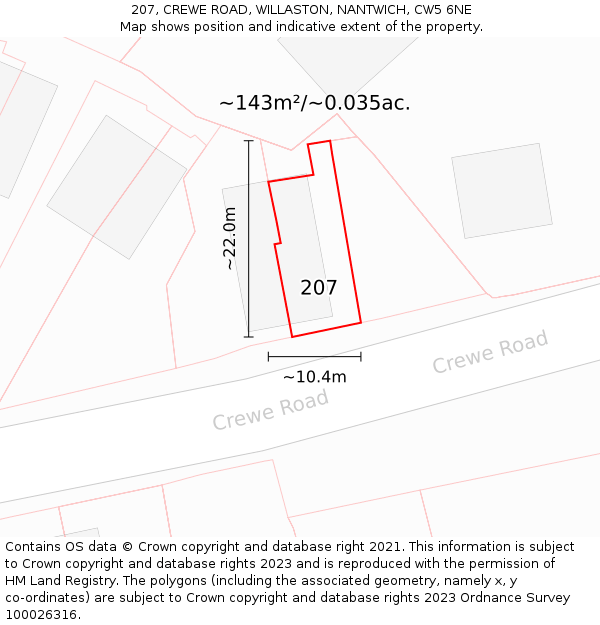 207, CREWE ROAD, WILLASTON, NANTWICH, CW5 6NE: Plot and title map