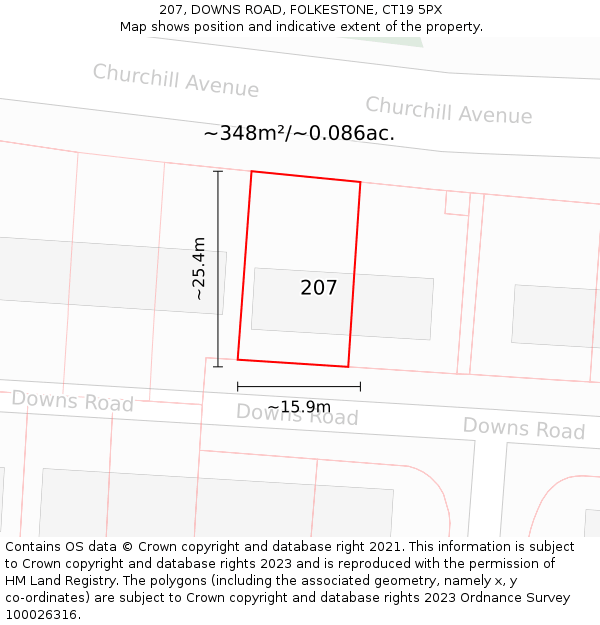 207, DOWNS ROAD, FOLKESTONE, CT19 5PX: Plot and title map