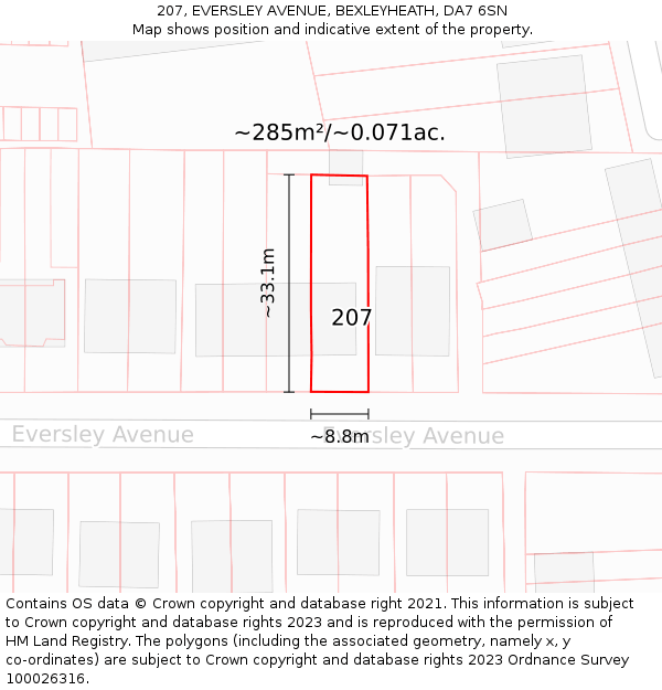 207, EVERSLEY AVENUE, BEXLEYHEATH, DA7 6SN: Plot and title map