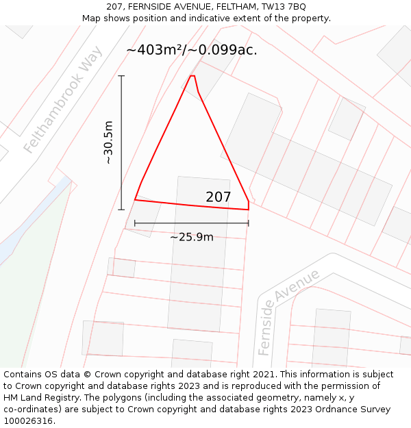 207, FERNSIDE AVENUE, FELTHAM, TW13 7BQ: Plot and title map