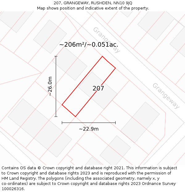 207, GRANGEWAY, RUSHDEN, NN10 9JQ: Plot and title map