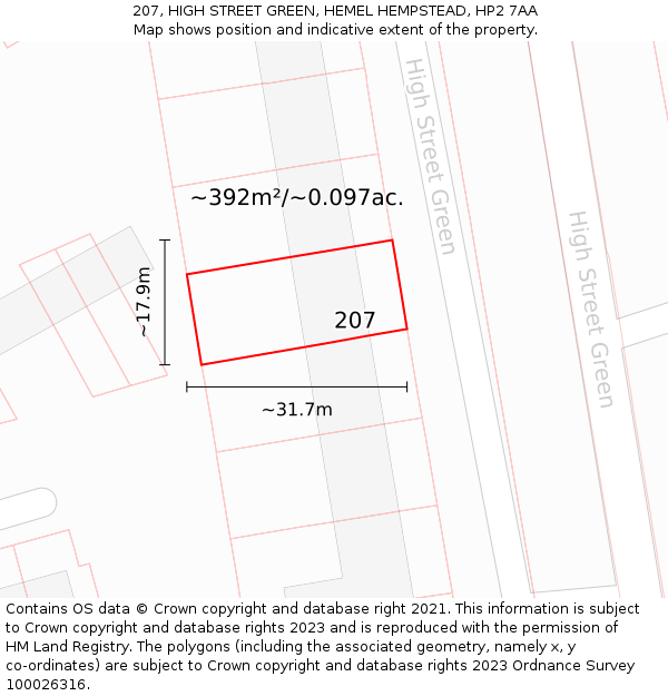 207, HIGH STREET GREEN, HEMEL HEMPSTEAD, HP2 7AA: Plot and title map