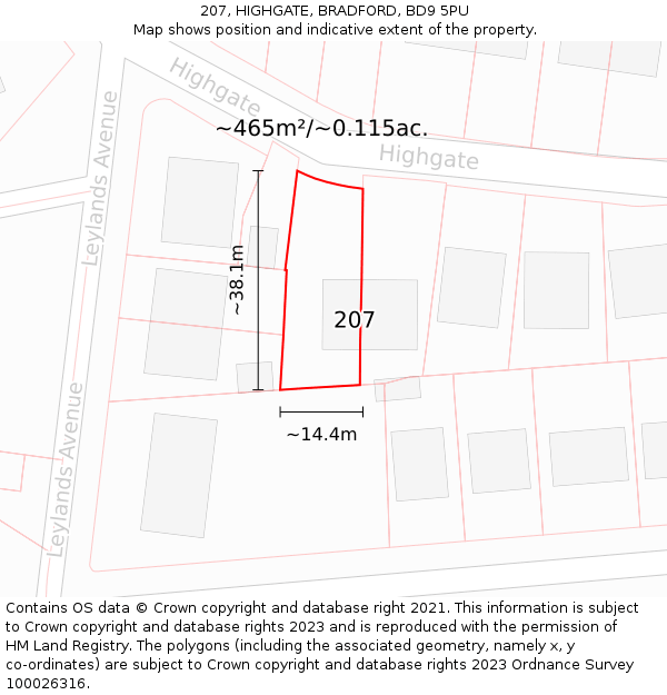 207, HIGHGATE, BRADFORD, BD9 5PU: Plot and title map
