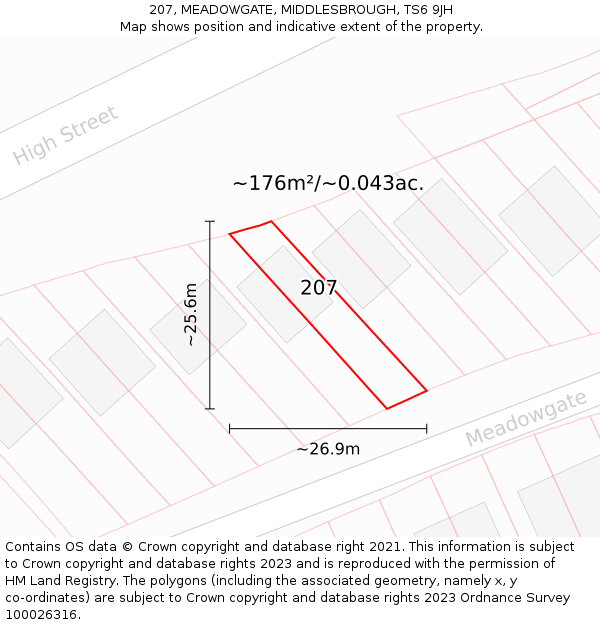 207, MEADOWGATE, MIDDLESBROUGH, TS6 9JH: Plot and title map