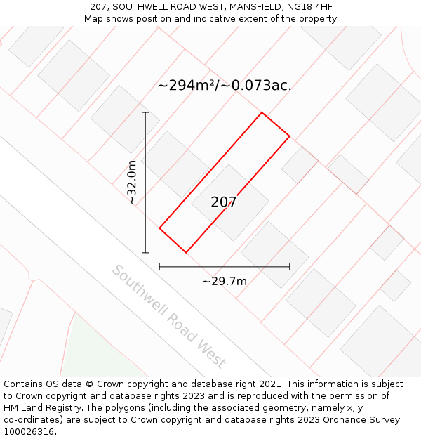 207, SOUTHWELL ROAD WEST, MANSFIELD, NG18 4HF: Plot and title map