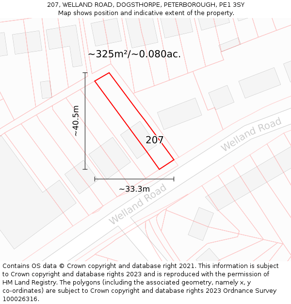 207, WELLAND ROAD, DOGSTHORPE, PETERBOROUGH, PE1 3SY: Plot and title map