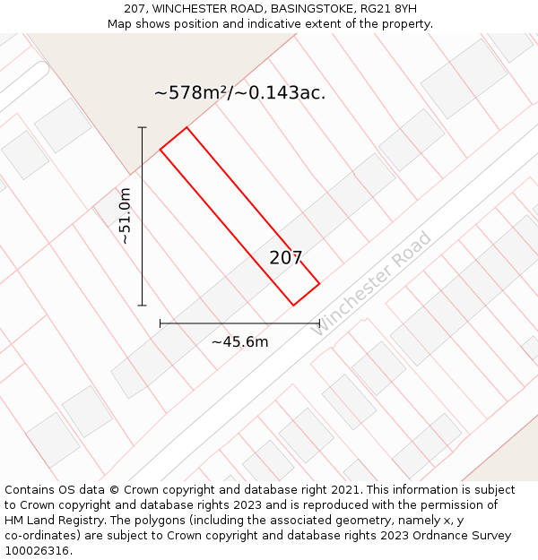 207, WINCHESTER ROAD, BASINGSTOKE, RG21 8YH: Plot and title map