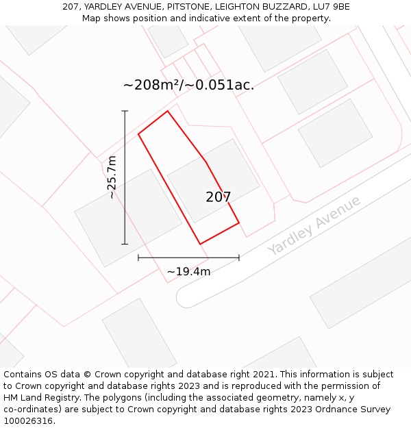 207, YARDLEY AVENUE, PITSTONE, LEIGHTON BUZZARD, LU7 9BE: Plot and title map