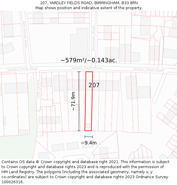 207, YARDLEY FIELDS ROAD, BIRMINGHAM, B33 8RN: Plot and title map