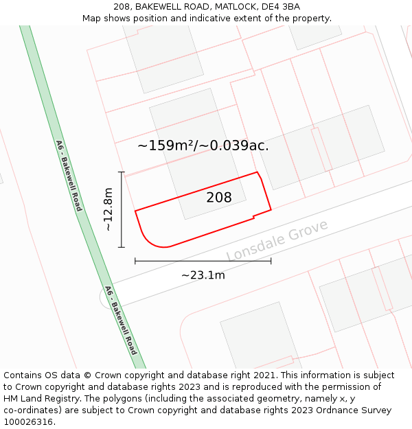 208, BAKEWELL ROAD, MATLOCK, DE4 3BA: Plot and title map