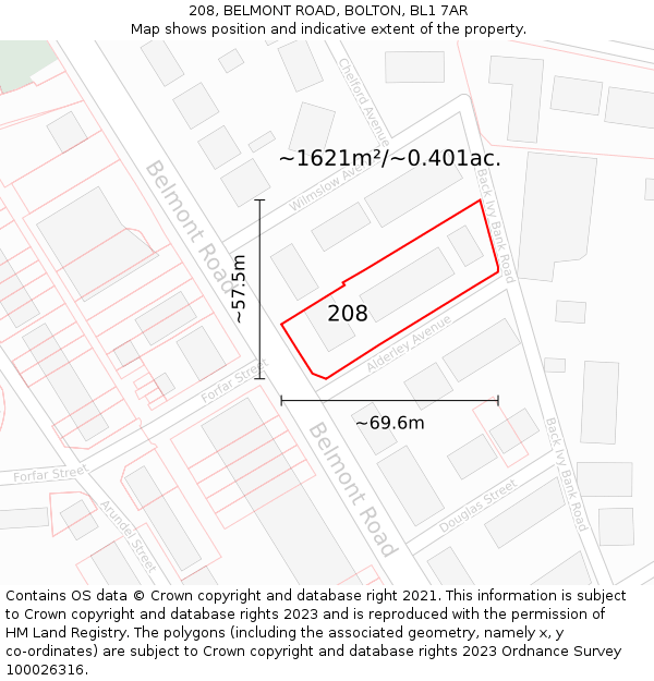 208, BELMONT ROAD, BOLTON, BL1 7AR: Plot and title map