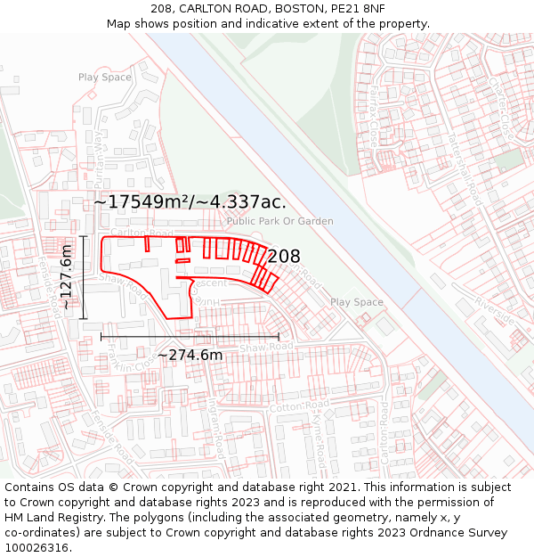 208, CARLTON ROAD, BOSTON, PE21 8NF: Plot and title map