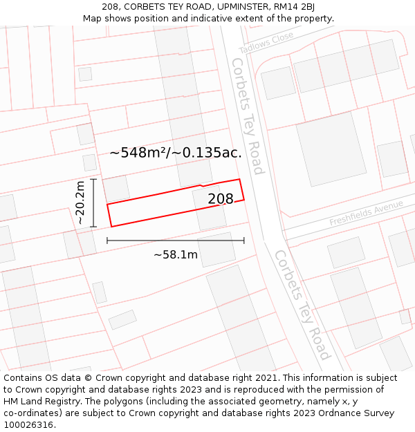 208, CORBETS TEY ROAD, UPMINSTER, RM14 2BJ: Plot and title map