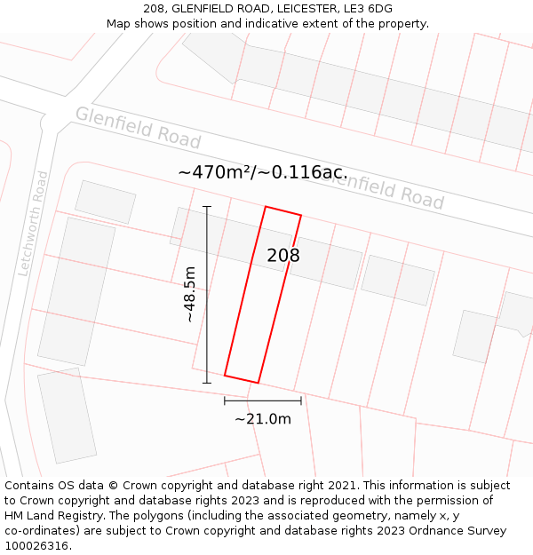 208, GLENFIELD ROAD, LEICESTER, LE3 6DG: Plot and title map