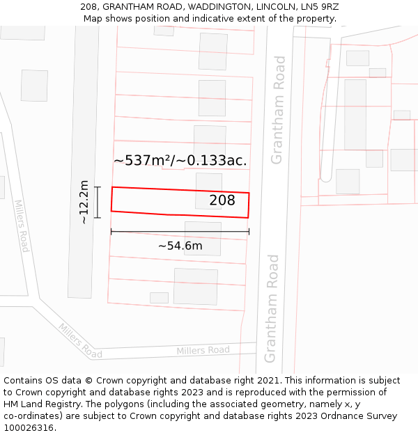 208, GRANTHAM ROAD, WADDINGTON, LINCOLN, LN5 9RZ: Plot and title map
