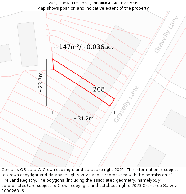 208, GRAVELLY LANE, BIRMINGHAM, B23 5SN: Plot and title map