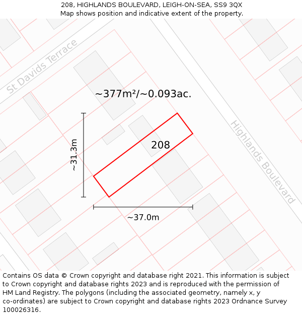 208, HIGHLANDS BOULEVARD, LEIGH-ON-SEA, SS9 3QX: Plot and title map
