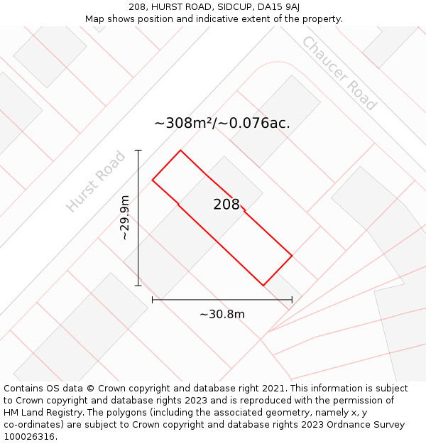 208, HURST ROAD, SIDCUP, DA15 9AJ: Plot and title map
