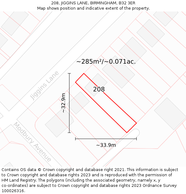 208, JIGGINS LANE, BIRMINGHAM, B32 3ER: Plot and title map