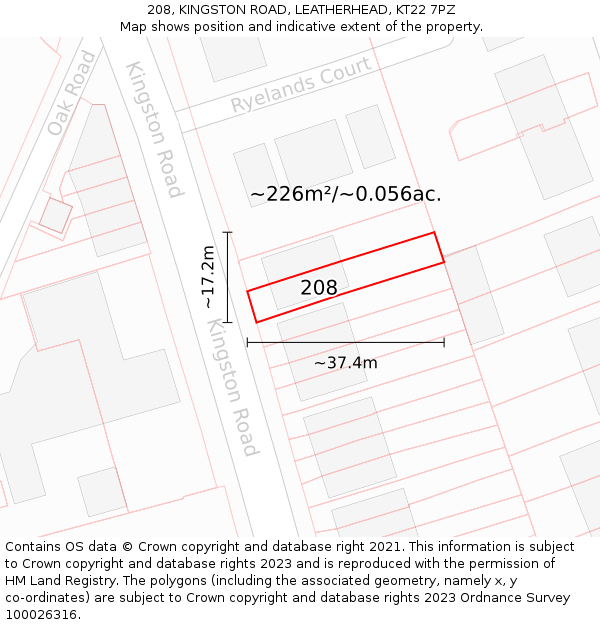 208, KINGSTON ROAD, LEATHERHEAD, KT22 7PZ: Plot and title map
