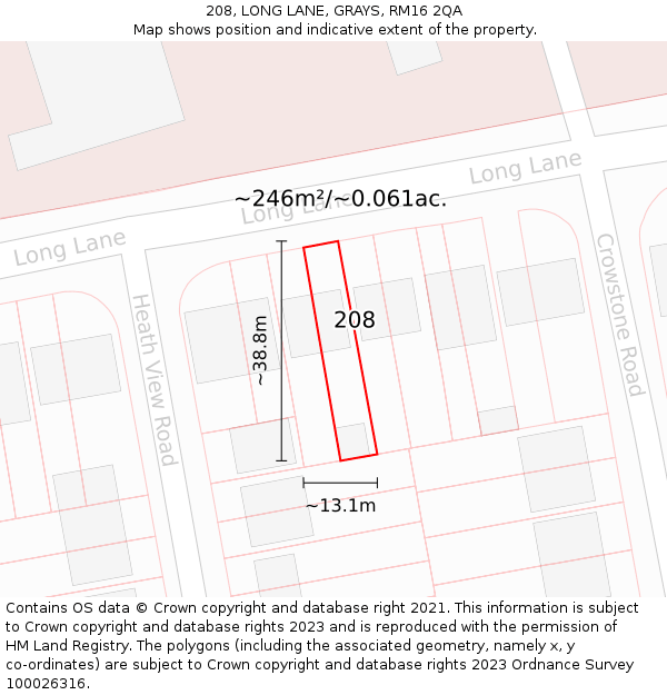 208, LONG LANE, GRAYS, RM16 2QA: Plot and title map