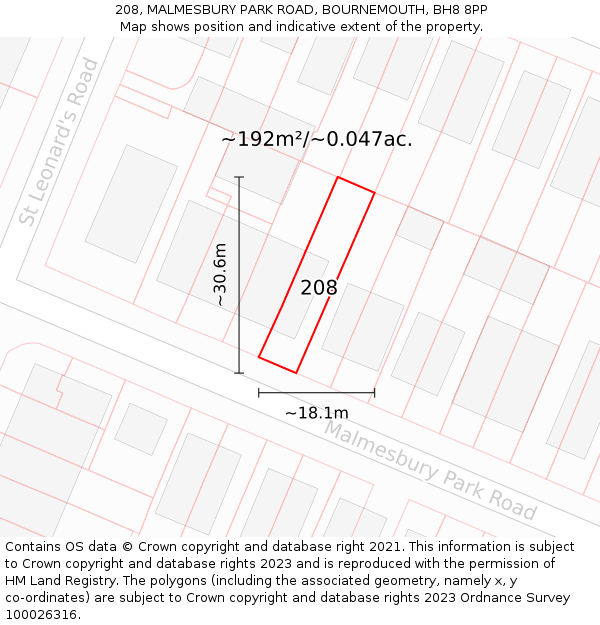 208, MALMESBURY PARK ROAD, BOURNEMOUTH, BH8 8PP: Plot and title map