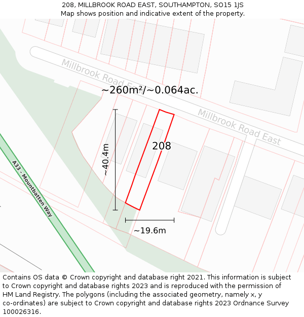 208, MILLBROOK ROAD EAST, SOUTHAMPTON, SO15 1JS: Plot and title map