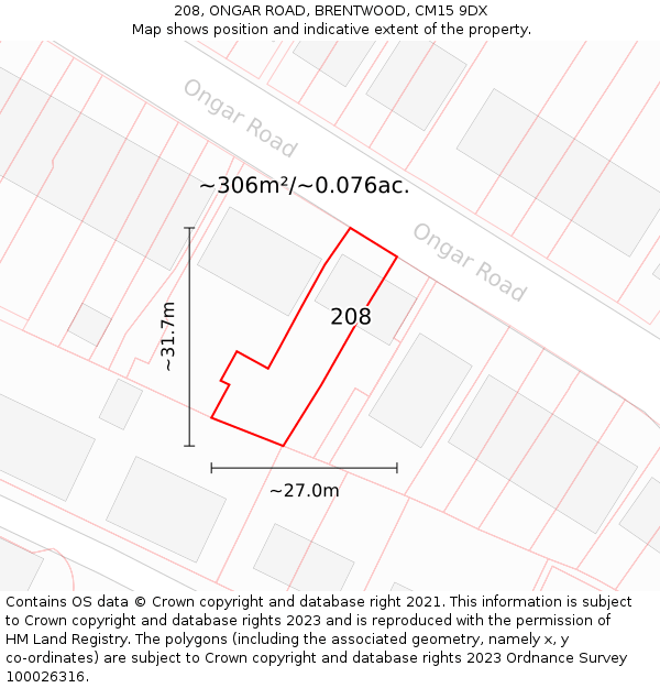 208, ONGAR ROAD, BRENTWOOD, CM15 9DX: Plot and title map