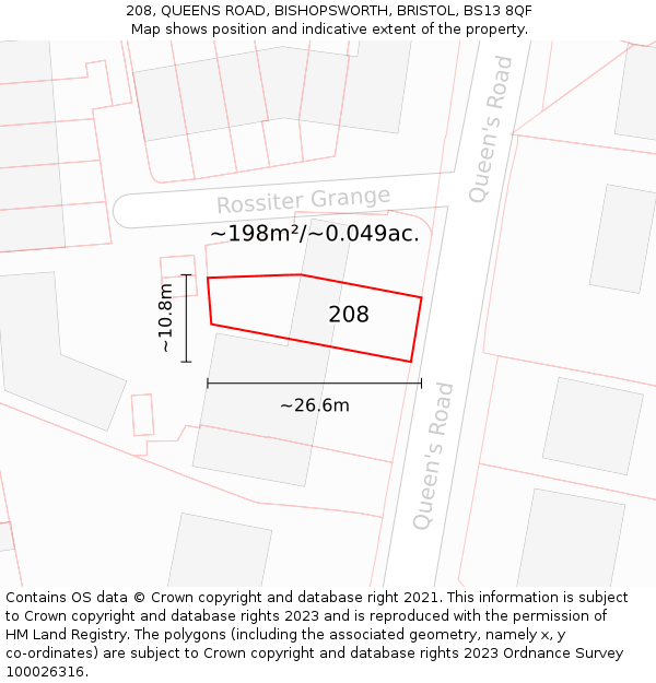208, QUEENS ROAD, BISHOPSWORTH, BRISTOL, BS13 8QF: Plot and title map
