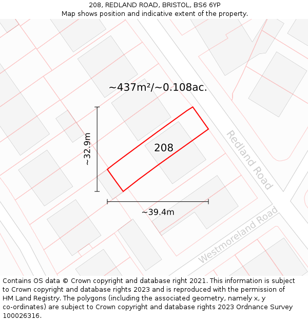 208, REDLAND ROAD, BRISTOL, BS6 6YP: Plot and title map
