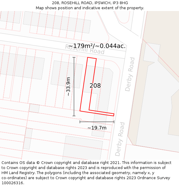 208, ROSEHILL ROAD, IPSWICH, IP3 8HG: Plot and title map