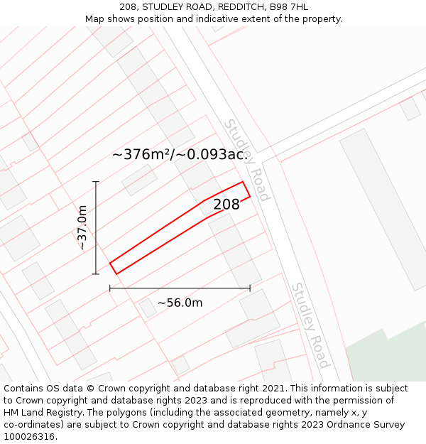 208, STUDLEY ROAD, REDDITCH, B98 7HL: Plot and title map