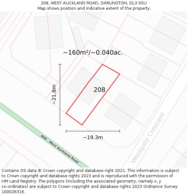 208, WEST AUCKLAND ROAD, DARLINGTON, DL3 0SU: Plot and title map
