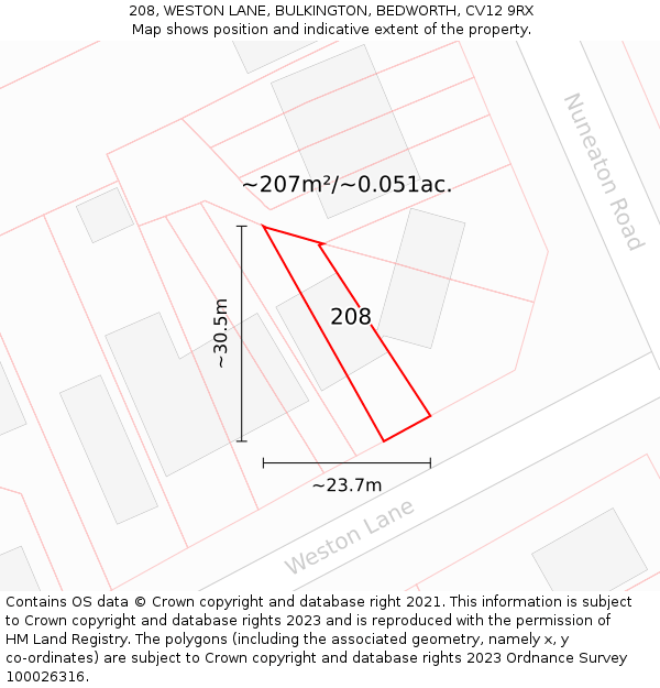 208, WESTON LANE, BULKINGTON, BEDWORTH, CV12 9RX: Plot and title map
