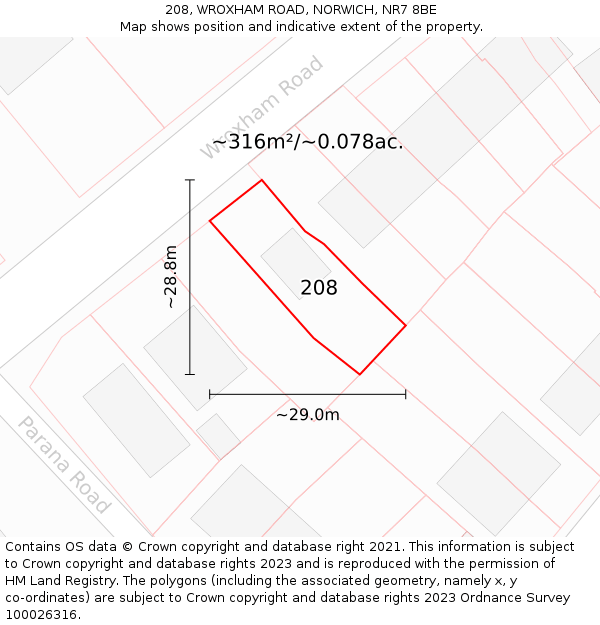 208, WROXHAM ROAD, NORWICH, NR7 8BE: Plot and title map