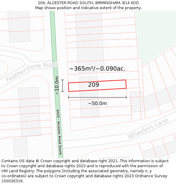 209, ALCESTER ROAD SOUTH, BIRMINGHAM, B14 6DD: Plot and title map