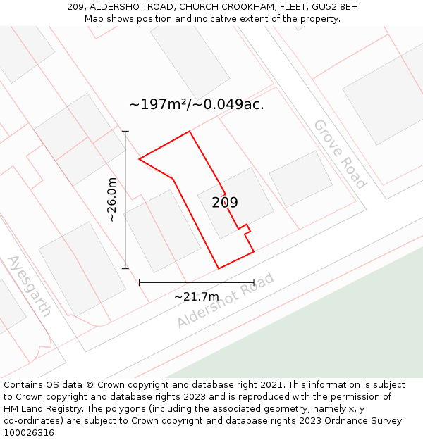 209, ALDERSHOT ROAD, CHURCH CROOKHAM, FLEET, GU52 8EH: Plot and title map
