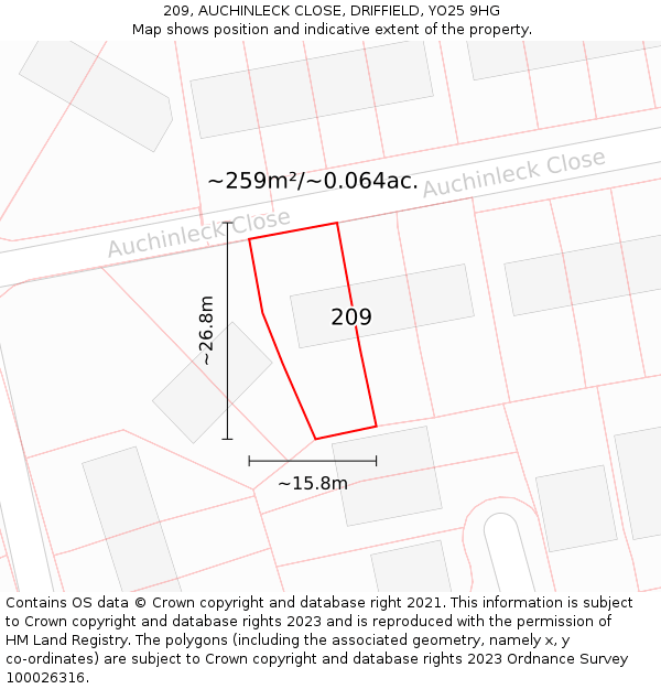209, AUCHINLECK CLOSE, DRIFFIELD, YO25 9HG: Plot and title map