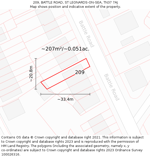 209, BATTLE ROAD, ST LEONARDS-ON-SEA, TN37 7AJ: Plot and title map