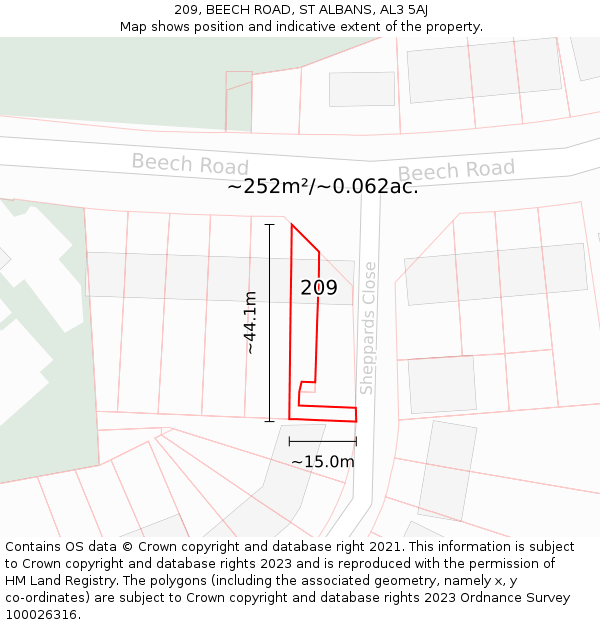 209, BEECH ROAD, ST ALBANS, AL3 5AJ: Plot and title map