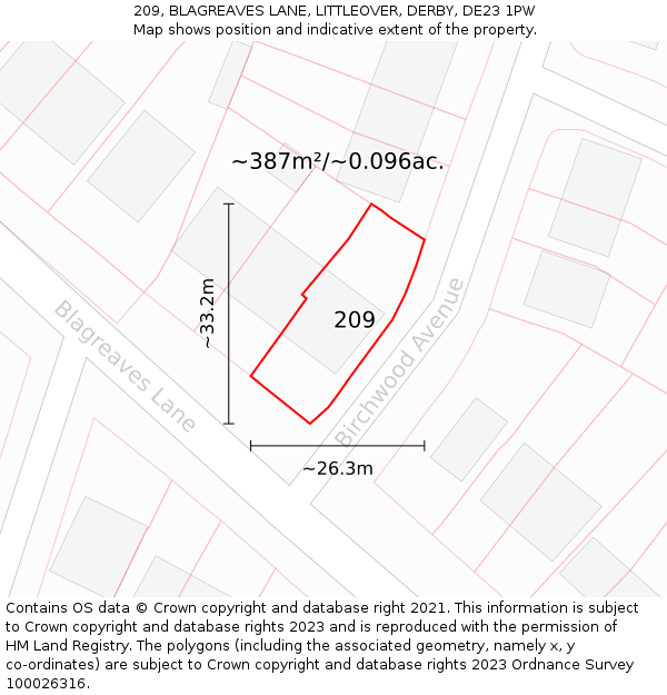 209, BLAGREAVES LANE, LITTLEOVER, DERBY, DE23 1PW: Plot and title map