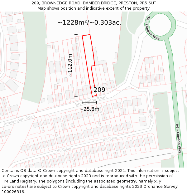 209, BROWNEDGE ROAD, BAMBER BRIDGE, PRESTON, PR5 6UT: Plot and title map