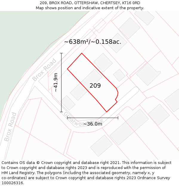 209, BROX ROAD, OTTERSHAW, CHERTSEY, KT16 0RD: Plot and title map